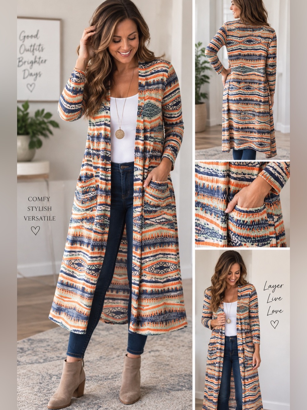 LuLaRoe Long Open-Front Aztec Cardigan in Blue, Orange, Cream, Tan